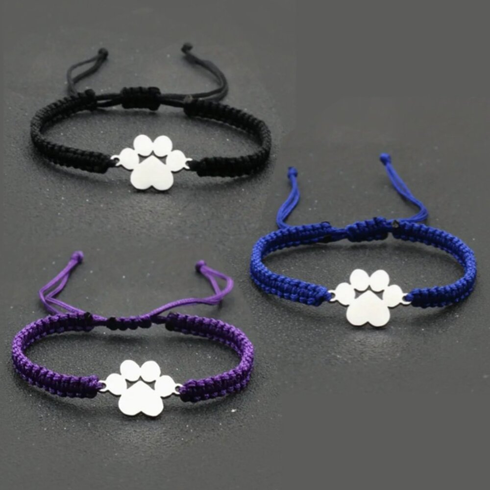 Braided Paw Print Bracelet in Black, Blue, or Purple